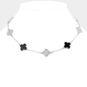 Silver & Black Crystal Quatrefoil Clover Chain Necklace Station Pendant Everyday